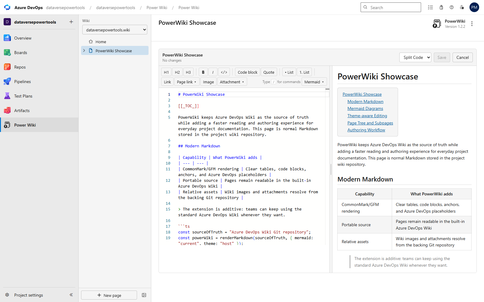 PowerWiki split editor with Monaco Markdown source, live preview and the slash command palette