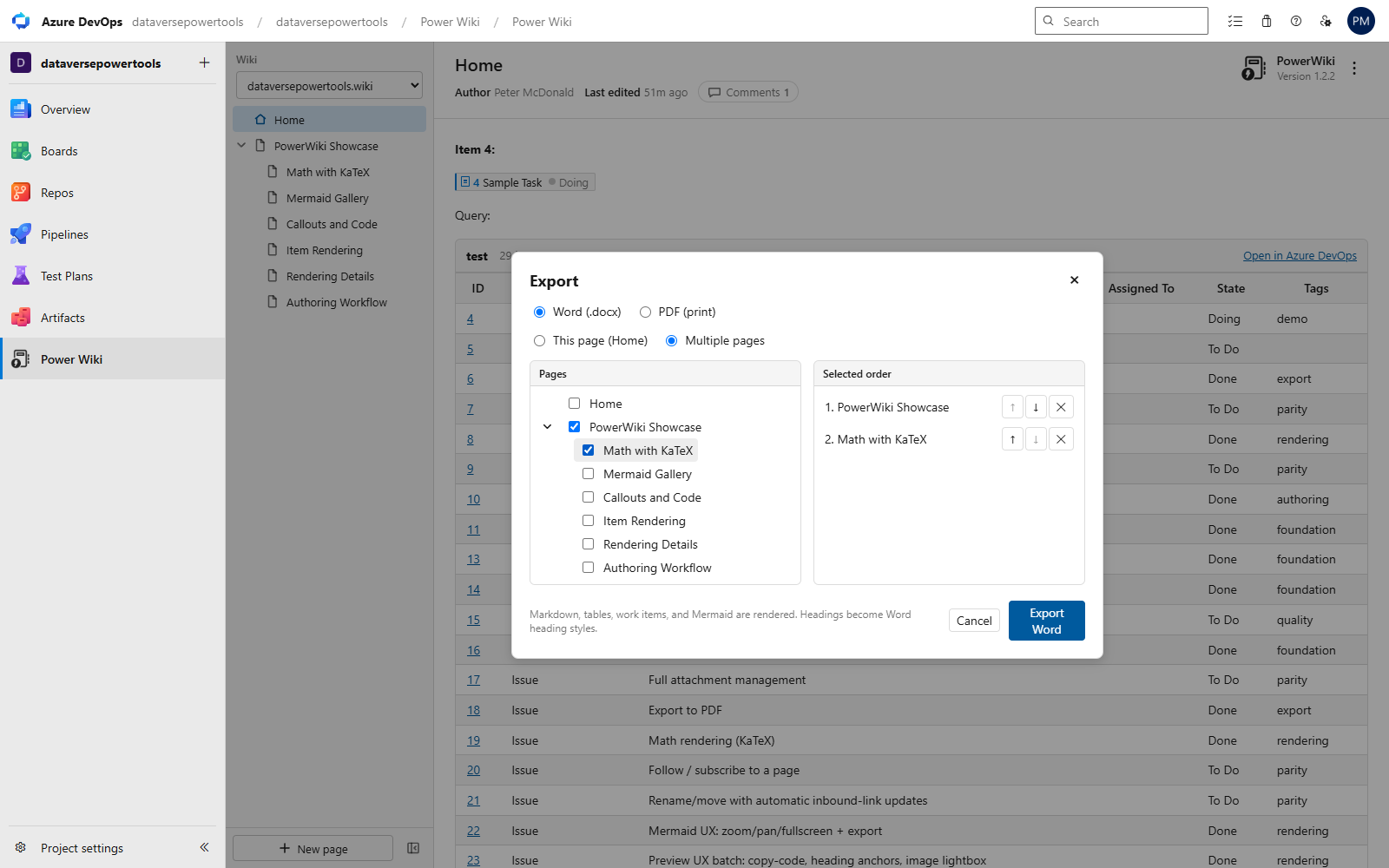 Export dialog with Word and PDF formats and multi-page selection