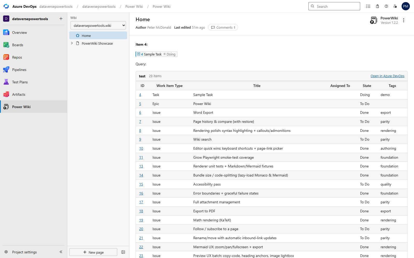 PowerWiki rendering a wiki page with work-item badges, an embedded Azure Boards query table, a per-page byline and a Mermaid diagram